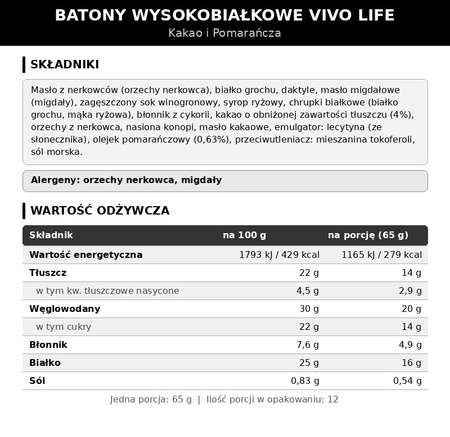 Wegańskie batony proteinowe Vivo Life - Termin ważności: 18.12.2026 r. - kakao i pomarańcza (12 x 65g)